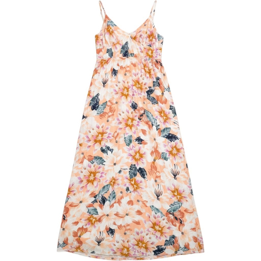 Rip Curl Floral Maxi Dress M Peach Tropical Smocked Back Beach Sundress Festival